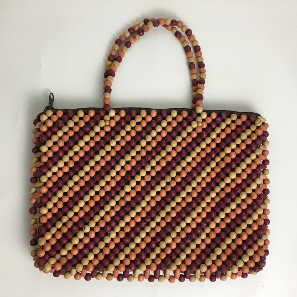 Wooden Beaded Purse Bag with Short Handles
